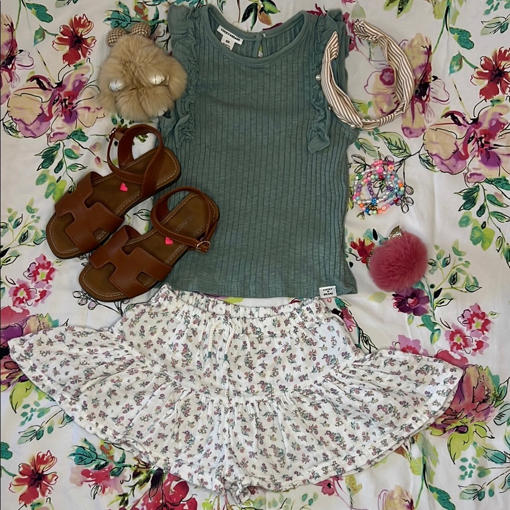 Lucky Brand Kids Matching Set - Green Top and Floral Skort